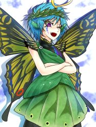 Rule 34 | 1girl, blue hair, butterfly wings, commentary request, cowboy shot, crossed arms, eternity larva, facial tattoo, fangs, hidden star in four seasons, horns, insect wings, leaf wreath, looking at viewer, one eye closed, open mouth, purple eyes, ryuuichi (f dragon), shadow, shirt, short hair, skirt, sleeveless, sleeveless shirt, smile, solo, tattoo, touhou, wings
