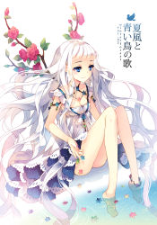 Rule 34 | 1girl, bare legs, barefoot, blue eyes, breasts, cleavage, cover, cover page, dress, feet, flower, long hair, original, soaking feet, solo, tearfish, very long hair, water, white hair