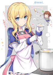 Rule 34 | 2girls, apron, azur lane, blonde hair, blouse, blue eyes, braid, bread, brown hair, chibi, commentary request, cooking, egg (food), food, french braid, fried egg, gloves, grey background, hair between eyes, highres, holding, ladle, loaf of bread, long hair, looking at viewer, multiple girls, navel, plate, pleated skirt, renown (azur lane), repulse (azur lane), saucer, sausage, shirt, short hair, skirt, smile, sunny side up egg, t@ke-g, tasting plate, thighhighs, translation request, triangle mouth, twitter username, walking, white background, white gloves, white shirt, zettai ryouiki