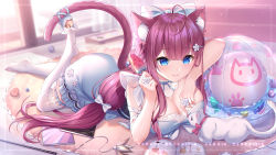 Rule 34 | 1girl, ahoge, animal, animal ear fluff, animal ears, bad id, bad pixiv id, blue dress, blue eyes, book, bow, breasts, cat, cat ears, cat girl, cat tail, chinese commentary, cleavage, commentary request, copyright request, dress, full body, hair bow, indoors, large breasts, long hair, lying, no shoes, on stomach, open book, red hair, sannio, smile, solo, tail, thigh strap, thighhighs, very long hair, white bow, white thighhighs