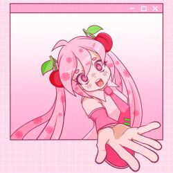 Rule 34 | 1girl, ahoge, collared shirt, cryptidhermit, flower-shaped pupils, fruit hair ornament, gradient background, hair ornament, hatsune miku, icon (computing), long hair, looking at viewer, necktie, official alternate costume, open mouth, pink eyes, pink hair, pink necktie, sakura miku, shirt, simple background, sleeveless, sleeveless shirt, symbol-shaped pupils, teeth, tongue, twintails, upper teeth only, very long hair, vocaloid, window (computing)