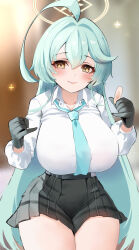 Rule 34 | 1girl, absurdres, ahoge, black gloves, black skirt, blue archive, blue necktie, blush, breasts, closed mouth, collared shirt, cowboy shot, fluffyebi01, gloves, green hair, hair between eyes, halo, highres, huge ahoge, large breasts, long hair, looking at viewer, necktie, pleated skirt, shirt, skirt, smile, solo, thighs, white shirt, yellow eyes, yellow halo, yume (blue archive)