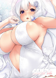 Rule 34 | 1girl, armpits, azur lane, bare shoulders, blunt bangs, breasts, bridal veil, cleavage cutout, clothing cutout, commentary request, dress, flower, gloves, illustrious (azur lane), illustrious (morning star of love and hope) (azur lane), kemigawa mondo, large breasts, long hair, low twintails, navel, open mouth, purple eyes, rose, sample watermark, sideboob, tri tails, twintails, veil, very long hair, watermark, wedding dress, white dress, white flower, white gloves, white legwear, white rose