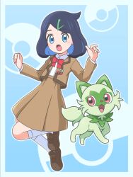 Rule 34 | 1girl, black hair, blue eyes, blush, border, bow, bowtie, brown footwear, brown jacket, brown skirt, collared shirt, commentary request, creatures (company), eyelashes, game freak, hair ornament, hairclip, hands up, highres, jacket, kato-shun, liko (pokemon), medium hair, nintendo, open clothes, open jacket, open mouth, pleated skirt, poke ball symbol, pokemon, pokemon (anime), pokemon (creature), pokemon horizons, red bow, red bowtie, school uniform, shirt, shoes, skirt, socks, sprigatito, tongue, white shirt, white socks