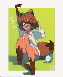 Rule 34 | 1girl, ;o, absurdres, alarm clock, animal ears, animal nose, barefoot, body fur, brown fur, brown hair, clock, collared shirt, furry, furry female, green eyes, hand to own mouth, highres, md5 mismatch, messy hair, michirutnk, no pants, one eye closed, open clothes, open mouth, open shirt, original, raccoon ears, raccoon girl, raccoon tail, resolution mismatch, shadow, shirt, short hair, sitting, sleepy, solo, source smaller, stretching, tail, tanuki, tears, twitter logo, unbuttoned, waking up, white shirt, yawning