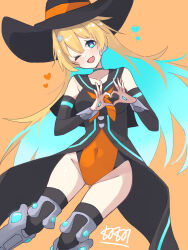 +_- 1girl aqua_choker aqua_hair black_arm_warmers black_hat black_sailor_collar black_skirt black_thighhighs blonde_hair blue_eyes blush choker collarbone commentary covered_navel gluteal_fold gradient_hair hair_between_eyes hair_ornament halloween halloween_costume happy_halloween hat head_tilt heart heart_hands highleg highleg_leotard highres isei_sei leg_armor leotard long_hair looking_at_viewer multicolored_hair neon_trim one_eye_closed open_mouth orange_background ralmia_(shadowverse) sailor_collar shadowverse showgirl_skirt simple_background skirt smile solo thighhighs two-tone_hair two-tone_leotard witch_hat