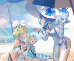 Rule 34 | 3girls, arm support, armlet, armpit crease, bag, beach, beach umbrella, bikini, blonde hair, blue bikini, blue eyes, blue flower, blue gemstone, blue hair, blue one-piece swimsuit, blunt bangs, blurry, blurry background, bob cut, breasts, chair, cleavage, closed eyes, cloud, collarbone, colored tips, commentary request, covered navel, earrings, eyebrows hidden by hair, feathers, feeding, fire emblem, fire emblem heroes, fjorm (fire emblem), fjorm (summer) (fire emblem), flat chest, flower, flower request, food, food with face, gem, hair flower, hair ornament, hairband, halterneck, handbag, highres, holding, holding food, holding ice cream, holding spoon, ice cream, jewelry, large hat, leaning forward, lounge chair, maeshima shigeki, medium breasts, multicolored hair, multiple girls, navel, nifl (fire emblem), nifl (summer) (fire emblem), nintendo, ocean, official alternate costume, one-piece swimsuit, open mouth, sarong, see-through, short hair with long locks, sidelocks, spoon, string bikini, swimsuit, thighs, umbrella, w arms, white flower, white hair, white headwear, wide hips, wristband, ylgr (fire emblem), ylgr (summer) (fire emblem)