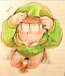 Rule 34 | 10s, 1boy, :&lt;, adjusting clothes, black hair, constricted pupils, from above, graphite (medium), hood, hoodie, lined paper, male focus, marker (medium), matsuno choromatsu, osomatsu-kun, osomatsu-san, osomatsu (series), sitting, solo, tendoshi, traditional media