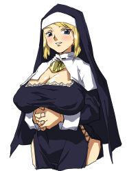 Rule 34 | 1girl, 2000s (style), arms under breasts, black dress, black headwear, blonde hair, blue eyes, blush, breasts, capelet, cleavage, cleavage cutout, clothing cutout, covered erect nipples, dress, habit, highres, large breasts, looking at viewer, nun, original, own hands clasped, own hands together, parted lips, shino (2919), short hair, simple background, smile, solo, white background, white capelet