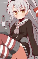 Rule 34 | 10s, 1girl, 9law, :&lt;, amatsukaze (kancolle), bad id, bad pixiv id, highres, kantai collection, looking at viewer, sitting, solo, striped clothes, striped thighhighs, thighhighs, white hair, yellow eyes, zettai ryouiki