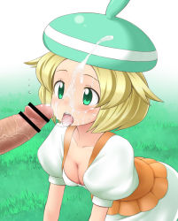 Rule 34 | 10s, 1girl, bar censor, bianca (pokemon), blonde hair, blush, breasts, censored, cleavage, creatures (company), cum, cum in mouth, cum on tongue, facial, flying sweatdrops, game freak, green eyes, hat, katou kaiou, nintendo, open mouth, penis, pokemon, pokemon bw, short hair, solo focus, tongue