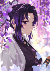 Rule 34 | 1girl, black hair, black jacket, blurry, blurry background, blurry foreground, breasts, bug, butterfly, butterfly hair ornament, closed mouth, commentary request, depth of field, flower, gradient hair, hair ornament, highres, hikashou, insect, jacket, katana, kimetsu no yaiba, kochou shinobu, looking away, multicolored hair, open clothes, parted bangs, purple eyes, purple flower, purple hair, small breasts, solo, sword, upper body, weapon, wisteria
