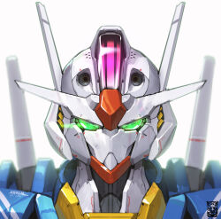 Rule 34 | absurdres, artist logo, commentary, english commentary, glowing, glowing eyes, green eyes, gundam, gundam aerial, gundam suisei no majo, highres, looking at viewer, mar10, mecha, mobile suit, no humans, portrait, robot, science fiction, solo, v-fin