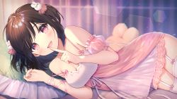 Rule 34 | 1girl, :d, absurdres, babydoll, bad id, bad pixiv id, bed, black hair, breasts, collarbone, commentary request, curtains, finger to mouth, garter straps, hair ornament, highres, indoors, lens flare, looking at viewer, lying, medium breasts, oli o o, on bed, on side, open mouth, original, pillow, pov across bed, red eyes, short hair, smile, stuffed animal, stuffed toy, thighhighs, twintails, white thighhighs