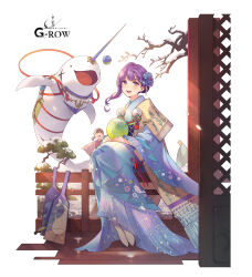 1other 2girls :d aqua_kimono bare_tree beluga_whale blue_kimono child commentary_request full_body hagoita hair_bun highres japanese_clothes kimono looking_at_viewer multiple_girls new_year nikaia_(ta_ga_tame_no_alchemist) official_art open_mouth paddle purple_eyes purple_hair second-party_source selsieg(spirit_beast)_(dare_ga_tame_no_alchemist) single_hair_bun sitting smile snow socks solo_focus ta_ga_tame_no_alchemist tabi teeth to_maru tree upper_teeth_only white_socks winter