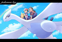 Rule 34 | 2boys, :3, :d, ash ketchum, backpack, bad id, bad pixiv id, bag, baseball cap, black pants, black shirt, blue shorts, blue sky, cellphone, cloud, cloudy sky, commentary request, copyright name, creatures (company), day, english text, flying, game freak, gen 1 pokemon, gen 2 pokemon, gen 4 pokemon, goh (pokemon), hand on headwear, hat, highres, holding, holding phone, indian style, legendary pokemon, lugia, male focus, mei (maysroom), multiple boys, nintendo, open mouth, pants, phone, pikachu, pokemon, pokemon (anime), pokemon (creature), pokemon journeys, rainbow, riding, riding pokemon, rotom, rotom phone, shirt, shorts, sitting, sky, smartphone, smile, standing, teeth, upper teeth only, water drop, white shirt