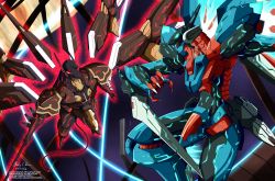 Rule 34 | absurdres, anubis (z.o.e.), arm blade, bodysuit, fin funnels, funnels (gundam), glowing, glowing eyes, green eyes, highres, innovator123, jehuty, lance, mecha, mechanical wings, neon trim, no humans, orbital frame (zone of the enders), polearm, power connection, red eyes, robot, robot ears, space, spear, staff, tail, weapon, wings, zone of the enders, zone of the enders 2
