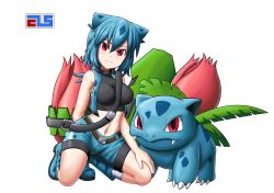 Rule 34 | 1girl, absurdres, animal ears, arm behind back, artist name, bag, bare shoulders, black shirt, blue footwear, blue hair, blue shorts, blue vest, blush, boots, breasts, claws, closed mouth, covered collarbone, creatures (company), crop top, fangs, female focus, full body, game freak, gen 1 pokemon, happy, head tilt, highres, ivysaur, kneehighs, kneeling, large breasts, long hair, looking at viewer, midriff, navel, nintendo, pokemon, pokemon (creature), red eyes, shield, shirt, short hair, short shorts, shorts, shougun (chuckni1), simple background, sleeveless, sleeveless shirt, smile, socks, spread legs, standing, stomach, turtleneck, vest, watermark, white background, white socks