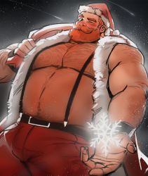 Rule 34 | 1boy, bara, beard, beckoning, belly, blush, bulge, chest hair, christmas, come hither, cowboy shot, dopey (dopq), facial hair, fat, fat man, feet out of frame, fur-trimmed jacket, fur trim, highres, incoming gift, jacket, large pectorals, looking at viewer, male focus, mature male, muscular, muscular male, mustache, navel, navel hair, nipples, no shirt, one eye closed, open clothes, open jacket, orange hair, original, outstretched hand, pants, pectoral cleavage, pectorals, reaching, reaching towards viewer, red jacket, red pants, santa claus, santa costume, short hair, sleeveless, sleeveless jacket, snowflakes, solo, stomach, suspenders, thick eyebrows, thick thighs, thighs