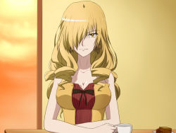 Rule 34 | 1girl, blonde hair, breasts, cleavage, collarbone, cup, drill hair, hair ornament, hair over one eye, look-alike, looking at viewer, mahou shoujo madoka magica, mahou shoujo madoka magica (anime), medium breasts, oriana thomason, parody, pov across table, shirosato, solo, sunset, teacup, toaru majutsu no index, tomoe mami, yellow eyes