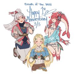 Rule 34 | 3girls, blonde hair, blush, braid, claws, collar, commentary, english text, facepaint, flat chest, french braid, heart, heart hands, krazehkai, long hair, looking at viewer, mipha, multiple girls, nintendo, pantyhose, paya (zelda), princess zelda, silver hair, smile, the legend of zelda, the legend of zelda: breath of the wild, thick eyebrows, topknot
