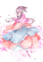 Rule 34 | 1girl, chinese clothes, dress, closed eyes, from side, full body, grey hair, hair rings, hair tubes, hanfu, highres, long hair, luo tianyi, mochaaoi, petals, ponytail, shawl, short hair with long locks, vocaloid