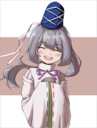 Rule 34 | 1girl, :d, ^ ^, blue hat, brown background, closed eyes, grey hair, hands in opposite sleeves, hat, hat ribbon, japanese clothes, kariginu, long hair, long sleeves, mononobe no futo, neck ribbon, open mouth, ponytail, purple ribbon, ribbon, ribbon-trimmed sleeves, ribbon trim, sifserf, smile, solo, striped, striped background, tate eboshi, touhou, turtleneck, upper body, white background, white ribbon, wide sleeves