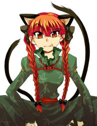 Rule 34 | 1girl, animal ears, braid, cat ears, cat girl, cat tail, female focus, hair ribbon, hira3, hirafumi, kaenbyou rin, multiple tails, red eyes, red hair, ribbon, short hair, simple background, solo, squatting, tail, touhou, twin braids, twintails, white background