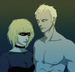 Rule 34 | 1boy, 1girl, android, animification, aqua eyes, bad id, bad pixiv id, blade runner, blonde hair, cyberpunk, eyeshadow, gb (doubleleaf), jewelry, makeup, muscular, necklace, pris, priss (blade runner), red eyes, replicant, roy batty, topless, topless male