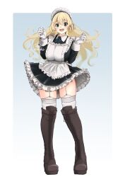 Rule 34 | 1girl, alternate costume, apron, atago (kancolle), black dress, black footwear, black gloves, blonde hair, blue background, boots, commission, cross-laced footwear, dress, enmaided, frilled apron, frilled dress, frills, full body, garter straps, gloves, green eyes, highres, kantai collection, lace-up boots, long hair, maid, maid headdress, mochizou, skeb commission, smile, solo, thigh boots, two-tone background, w arms, white apron, white background