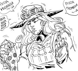 Rule 34 | 1boy, bad id, bb (baalbuddy), cowboy hat, closed eyes, food, goggles, goggles on headwear, greyscale, gyro zeppeli, hands up, hat, highres, inactive account, italian text, jojo no kimyou na bouken, male focus, monochrome, parted lips, pizza, simple background, solo, steel ball run, trembling, white background