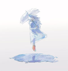 Rule 34 | 1girl, ankle boots, azma, blue eyes, boots, crack, cracked floor, floating, floating hair, from side, full body, hair between eyes, highres, holding, holding umbrella, hood, hood down, hooded robe, ice, long sleeves, looking at viewer, original, raincoat, red footwear, reflective floor, robe, rubber boots, see-through silhouette, shards, sideways glance, solo, transparent, transparent raincoat, transparent umbrella, twitter username, umbrella, white background, white hair