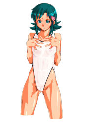 Rule 34 | 1girl, covered erect nipples, green hair, hair ornament, hairclip, kozue hinako, looking at viewer, one-piece swimsuit, parted lips, qkat (arikawa-dou), short hair, simple background, solo, super real mahjong, swimsuit, tan, white background, white one-piece swimsuit