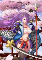 Rule 34 | 1girl, absurdres, bad id, bad pixiv id, bell, breasts, cherry blossoms, cleavage, curvy, fang, flower, hair over one eye, highres, katana, large breasts, long hair, looking at viewer, navel, open mouth, original, polearm, ponytail, purple eyes, purple hair, smile, solo, spear, sword, thick thighs, thighhighs, thighs, urkaze (urture), weapon, wide hips