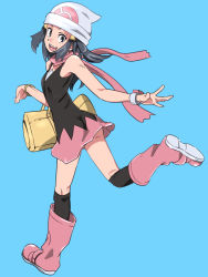 Rule 34 | 1girl, bad id, bad pixiv id, bag, bare shoulders, beanie, black socks, blue background, blue eyes, blue hair, boots, bracelet, breasts, creatures (company), dawn (pokemon), dress, female focus, from behind, full body, game freak, hair ornament, hairclip, handbag, happy, hat, jewelry, jpeg artifacts, kneehighs, leg up, long hair, looking at viewer, matching hair/eyes, multicolored clothes, multicolored dress, nintendo, open mouth, over-kneehighs, pink footwear, pink scarf, poke ball symbol, poke ball theme, pokemon, pokemon dppt, running, scarf, sidelocks, simple background, sleeveless, sleeveless dress, small breasts, smile, socks, solo, teeth, thighhighs, tongue, watch, white hat, wristwatch, zaitsu