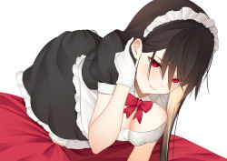 Rule 34 | 1girl, absurdres, all fours, apron, black dress, black hair, breasts, cleavage, cleavage cutout, clothing cutout, colored inner hair, dress, frills, gloves, hair between eyes, tucking hair, highres, large breasts, long hair, looking at viewer, maid, maid apron, maid headdress, multicolored hair, original, red eyes, solo, very long hair, white gloves, yuya (yuya illust)