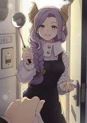 Rule 34 | 1girl, nanashi inc., apron, bag, black apron, blush, braid, breasts, commentary, cowboy shot, demon girl, demon horns, door, doorbell, doorway, goten (510gensoku), hair ornament, heart, heart hair ornament, highres, holding, holding bag, holding ladle, honey strap, horns, ladle, long braid, long hair, long sleeves, looking at viewer, medium breasts, mole, mole under mouth, opening door, parted lips, pov, pov doorway, purple eyes, purple hair, saionji mary, smile, solo focus, standing, sweater, virtual youtuber