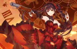 Rule 34 | 1girl, antique firearm, bare shoulders, black hair, breasts, clock, clock eyes, date a live, date a live: date a bullet, detached sleeves, dress, firearm, firelock, flintlock, gun, hairband, heterochromia, lolita fashion, lolita hairband, looking at viewer, medium breasts, red dress, red eyes, rifle, roman numeral, ros e 8, smile, symbol-shaped pupils, tokisaki kurumi, twintails, two-tone dress, weapon