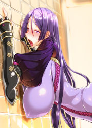 Rule 34 | 1girl, against wall, armor, bent over, blush, bodysuit, breasts, commentary request, ebido, covered erect nipples, fate/grand order, fate (series), fingerless gloves, from side, gloves, hand on wall, hanging breasts, highres, implied sex, impossible clothes, indoors, japanese armor, kote, large breasts, long hair, minamoto no raikou (fate), open mouth, purple eyes, purple hair, solo focus, sweatdrop, tile wall, tiles, torogao