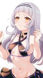 Rule 34 | 1girl, absurdres, arched bangs, bare shoulders, bikini, bikini skirt, black bikini, black skirt, blush, breasts, closed mouth, cowboy shot, criss-cross halter, grey hair, hairband, halterneck, highres, hololive, kudoukudokudo, long hair, looking at viewer, murasaki shion, murasaki shion (hololive summer 2019), navel, no headwear, official alternate costume, sidelocks, skirt, sling bikini top, small breasts, solo, stomach, swimsuit, twitter suki, virtual youtuber, w arms, yellow eyes