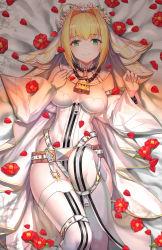 Rule 34 | 1girl, ahoge, belt, blonde hair, blush, boots, breasts, bridal veil, btraphen, chain, cleavage, detached collar, detached sleeves, fate/grand order, fate (series), flower, gloves, green eyes, hair flower, hair intakes, hair ornament, head wreath, highres, large breasts, lock, looking at viewer, lying, nero claudius (bride) (fate), nero claudius (fate), nero claudius (fate) (all), on back, padlock, petals, smile, solo, thigh boots, thighhighs, veil, white gloves, white thighhighs, zipper, zipper pull tab