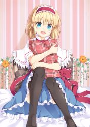 Rule 34 | 1girl, :d, alice margatroid, bed, black thighhighs, blonde hair, blue dress, blue eyes, boushi (nandemo), capelet, dress, flower, hairband, head tilt, lolita hairband, looking at viewer, hugging object, on bed, open mouth, pillow, pillow hug, sash, sitting, smile, solo, striped, striped background, thighhighs, touhou, upskirt, zettai ryouiki