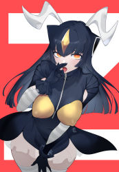 Rule 34 | 1girl, black dress, black gloves, black hair, blush, covered erect nipples, covered navel, dress, fellatio gesture, frilled gloves, frills, gem, gloves, grey thighhighs, hair between eyes, highres, horns, itami (maemukina do), long hair, open mouth, orange eyes, personification, see-through, sexually suggestive, signature, simple background, solo, striped, teeth, thighhighs, tongue, tongue out, ultra kaijuu gijinka keikaku, ultra series, upper teeth only, yellow gemstone, zetton