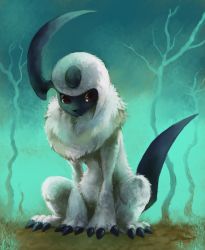 Rule 34 | absol, absurdres, aqua background, creature, creatures (company), frown, full body, game freak, gen 3 pokemon, glitchedpuppet, grass, highres, looking away, nintendo, no humans, pokemon, pokemon (creature), realistic, signature, sitting, solo