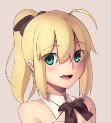 Rule 34 | 1girl, :d, ahoge, artoria pendragon (all), artoria pendragon (fate), boa (brianoa), bow, bowtie, brown bow, detached collar, fate/unlimited codes, fate (series), green eyes, hair between eyes, hair bow, highres, looking at viewer, open mouth, ponytail, saber lily, smile, solo