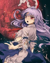 Rule 34 | 1girl, :o, animal ears, bloomers, blue skirt, breasts, collared shirt, highres, long hair, long sleeves, midriff, moon, necktie, night, outdoors, purple hair, rabbit ears, red eyes, red moon, red necktie, reisen udongein inaba, shirt, skirt, small breasts, solo, torn clothes, torn shirt, torn skirt, touhou, underwear, very long hair, white bloomers, white shirt, yukine 0930