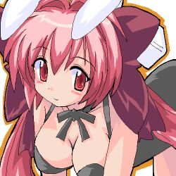 Rule 34 | 1girl, animal ears, blush, bow, breasts, choker, cleavage, di gi charat, dice, gomamiso (gomamiso sp), hair bow, large breasts, leaning forward, long hair, looking at viewer, lowres, oekaki, outline, rabbit ears, ribbon, ribbon choker, simple background, smile, solo, twintails, usada hikaru, very long hair, white background