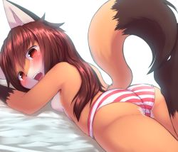 Rule 34 | 1girl, 24cakes, ass, blush, breasts, furry, long hair, looking back, open mouth, panties, shiny skin, tail, tongue, underwear