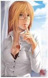 Rule 34 | 1girl, bad deviantart id, bad id, blonde hair, blue eyes, bra, bra peek, breasts, cleavage, cloud, cloudy sky, day, dress shirt, finger to mouth, fingernails, glasses, lace, lace-trimmed bra, lace trim, lingerie, lips, looking at viewer, medium breasts, original, qinni, shirt, sky, solo, tattoo, unbuttoned, underwear, watermark