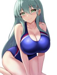 Rule 34 | 1girl, aqua eyes, aqua hair, blue one-piece swimsuit, blush, breasts, covered navel, dated, hair between eyes, hair ornament, hairclip, highres, kantai collection, kneeling, large breasts, long hair, looking at viewer, montemasa, one-piece swimsuit, simple background, smile, solo, suzuya (kancolle), swimsuit, two-tone swimsuit, white background